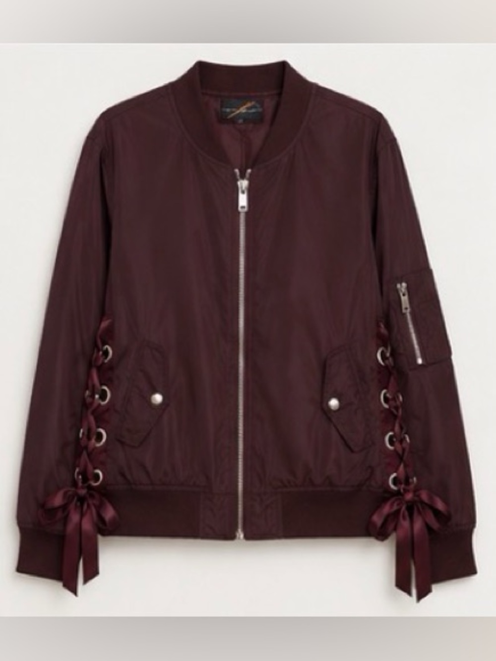 Jane plus one Women's Lace-Up Side Bomber Jacket in Deep Burgundy size M